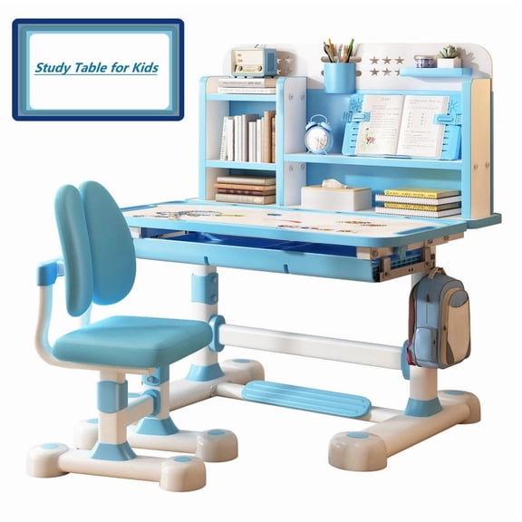 Kids Desk and Chair Set, Height Adjustable Kids Study Desk with Widened Tabletop, Spine Protect, for Boys & Girls 3 (Blue)
