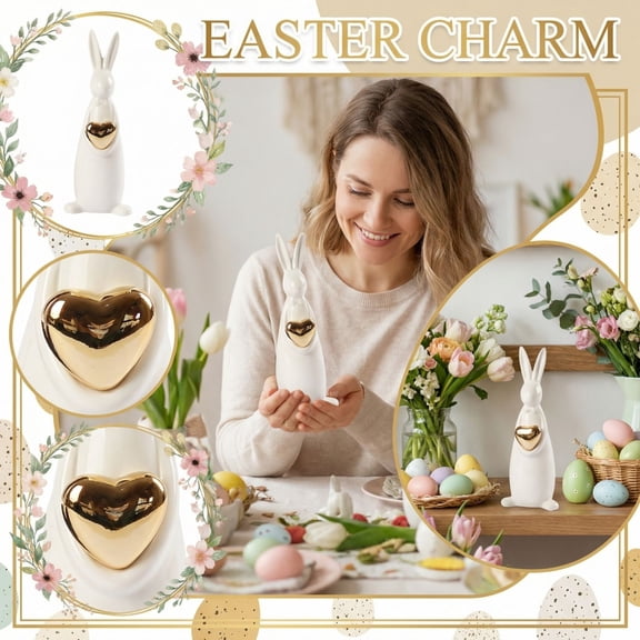 8.6 Inches White European Style Easter Bunny Figurine With Detachable Golden Heart Tray, Elegant Desktop Ornament For Easter Decor, Table Centerpiece, Home Display For