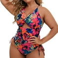 thumbnail image 1 of V-neck Spaghetti Straps Hollow Out Side Drawstring Women Monokini Summer Colorful Floral Print Plus Size One-piece Bikini Beachwear, 1 of 8