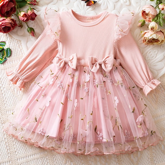 ATOGUTA Girls' Special Occasion Dresses A Line Long Sleeve Tutu Dress Kids Casual Fall Winter Clothes Size 9M-3T, Pink