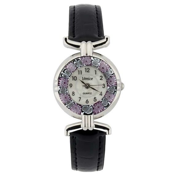 GlassOfVenice Murano Glass Millefiori Watch with Leather Band - Black