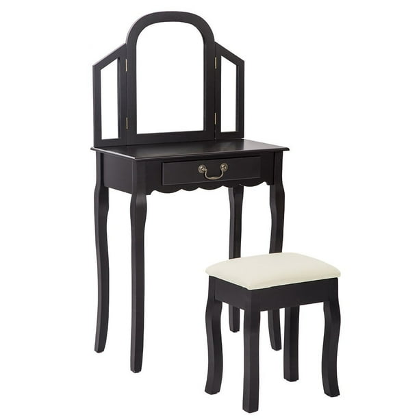 Makeup Table Set With Tri Folding Mirror Vanity Makeup Table Stool Set