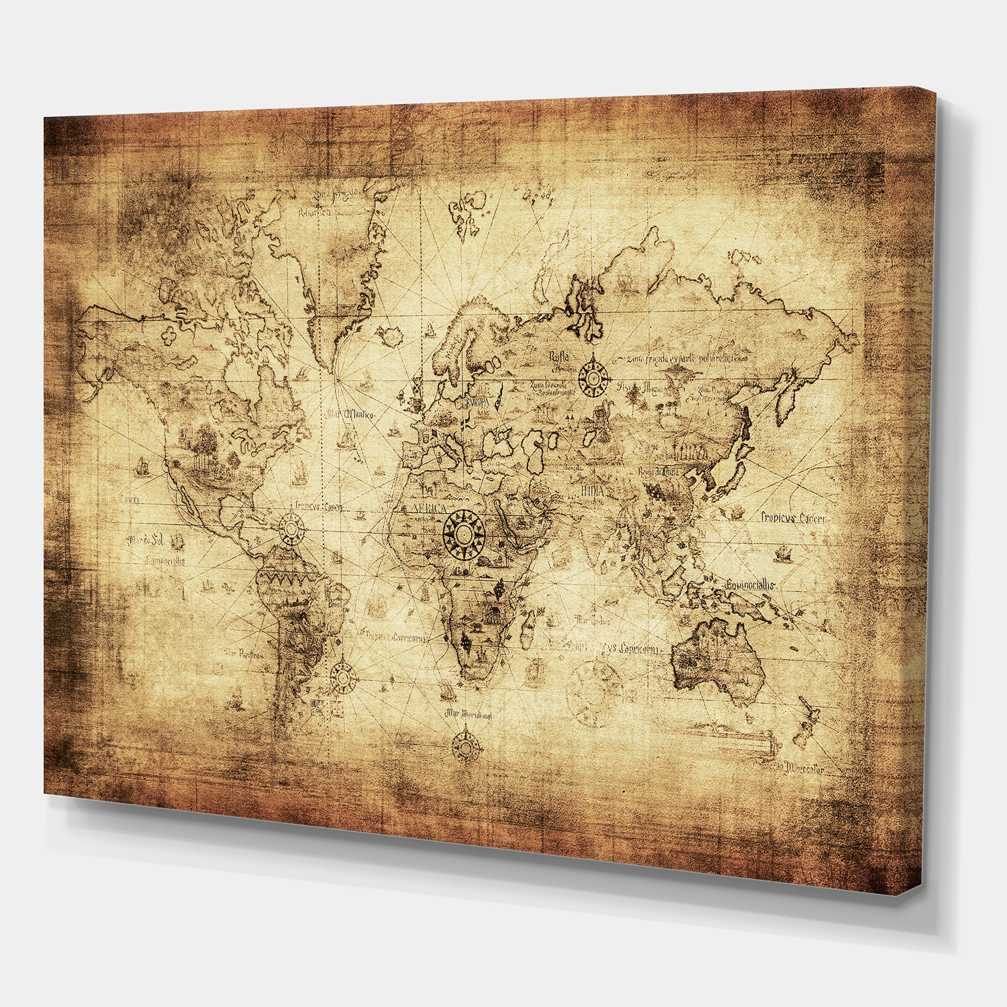 Designart ' Ancient World Map IV ' Vintage Canvas Wall Art Print