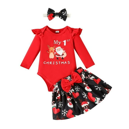 GYRATEDREAM Newborn Baby Girl My First Christmas Outfit Infant Ruffle Long Sleeve Xmas Elk Reindeer Santa Print Romper Bow Skirt Headband 3Pcs Set Toddler Holiday Clolthes Red for 0-18 Months