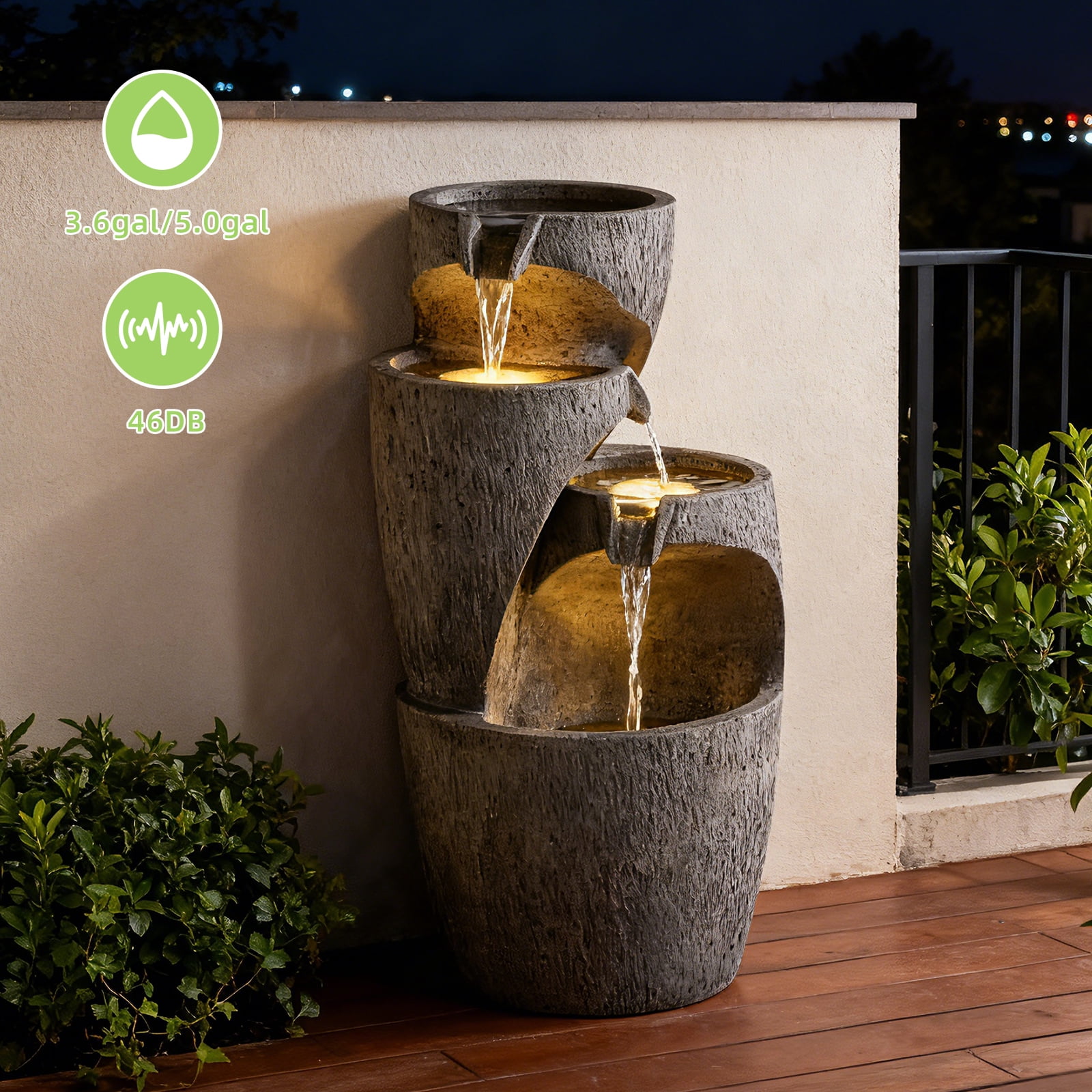 28" Outdoor Cascading Garden Water Fountain for Patio, Backyard, Deck, Porch and Home Decor, 3-Tiers Clay Pot Fountain with Lights