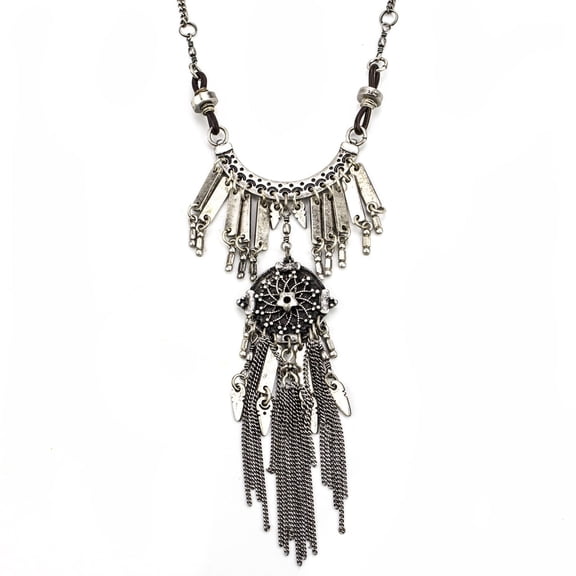 Boho Chain Tassel Statement Necklace with Dreamcatcher Design - Antique Silver Tone Jewelry Necklace Silver