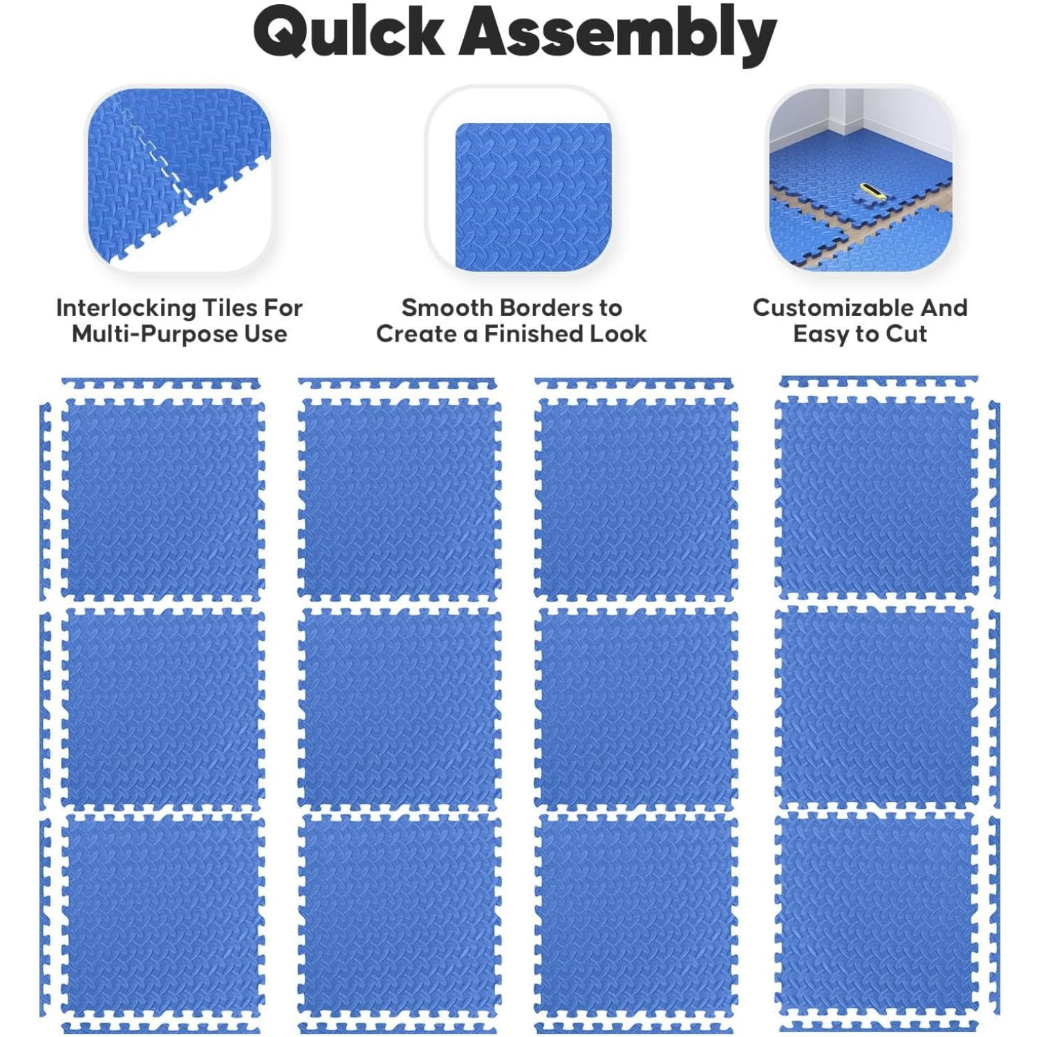 Home Gym Mat, Puzzle Exercise Mat, of EVA Interlocking Foam Floor Tiles for Home Workout Equipment and Kids' Play Areas - Blue, 24 in x 24 in x ½ in - 16 Tiles (Blue, 16 Pack 64 sq ft)