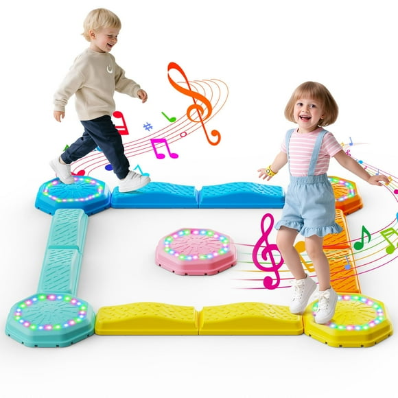 Holyton Music Light Up Balance Beam and Toddler Stepping Stones 13 Pieces, Non-Slip Plastic Balance Stackable Stepping Stones for Kids, Sensory Toys