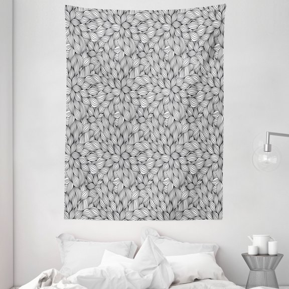 Black and White Tapestry, Line Art Style Foliage Pattern with Striped Leaves and Petals Botany Theme, Wall Hanging for Bedroom Living Room Dorm Decor, 60W X 80L Inches, Black White, by Ambesonne