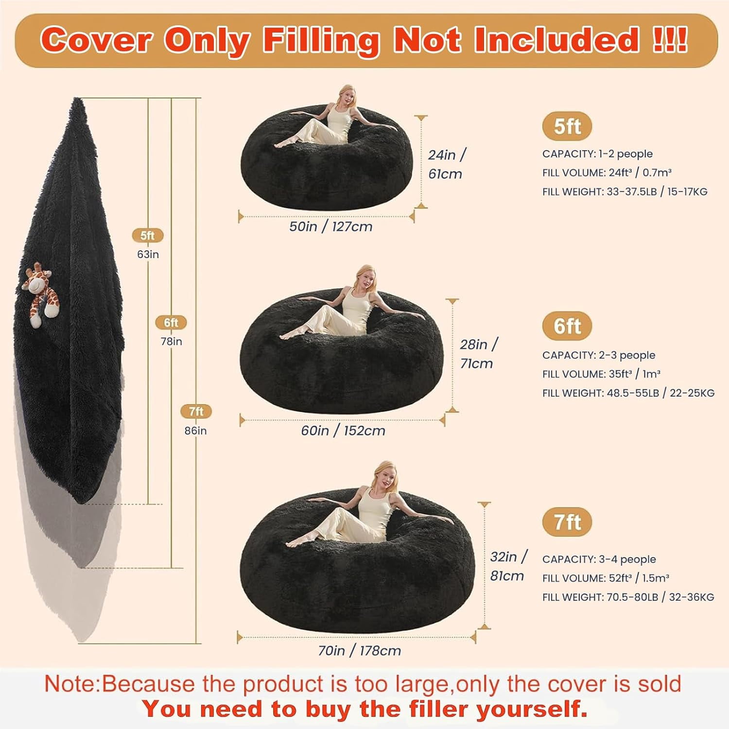 Bean Bag Cover (No Filler), Faux Fur Comfy Bean Bag Covers for Adults, Washable Beanbag Chair Cover, Fluffy Plush Giant Bean Bags Chairs Covers for Teens Kids Girls, Anti-Slip, 5FT, Black