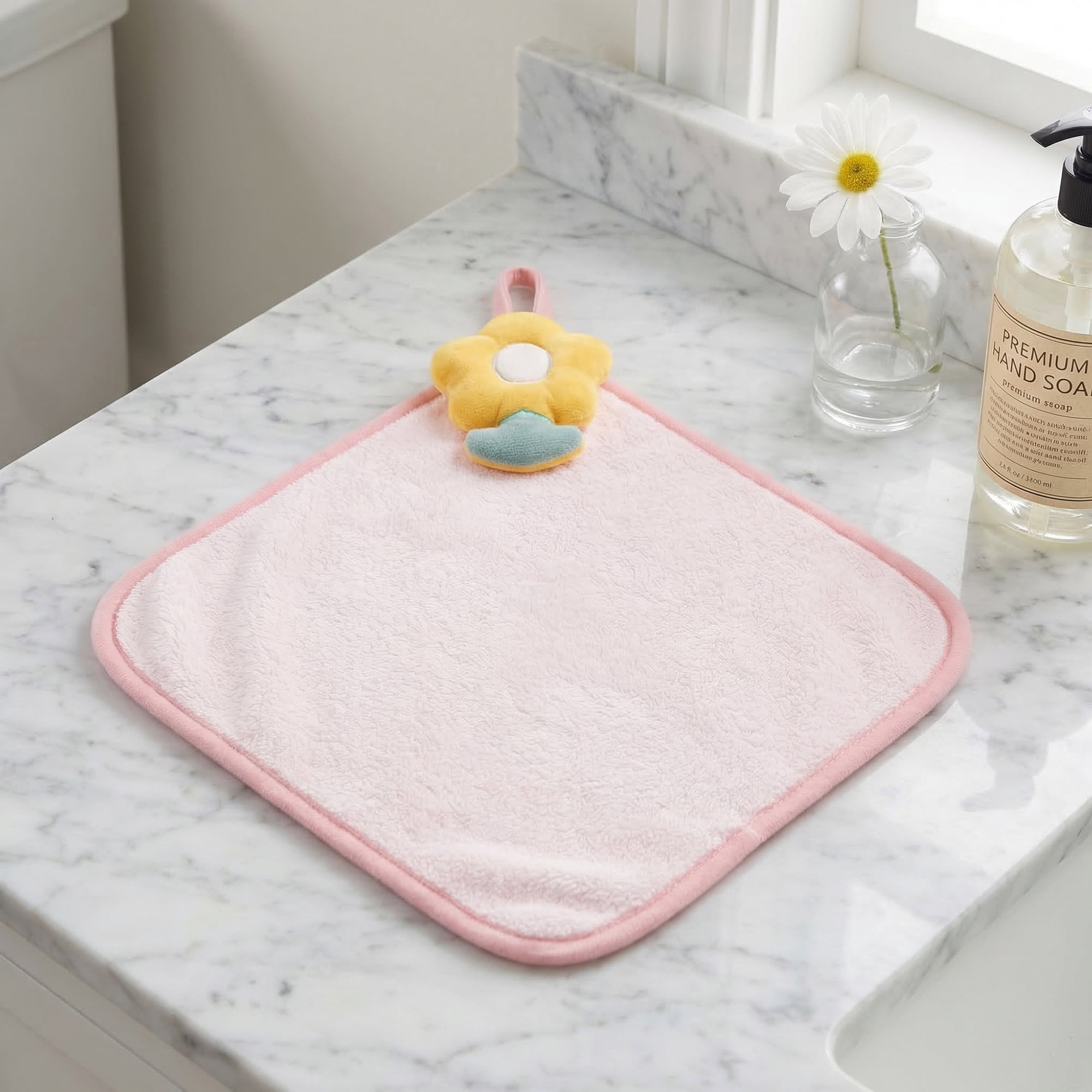Unique Bargains 2 Pcs Cute Flower Ultra-Soft Absorbent Towels for Kitchen Pink 12" x 12"