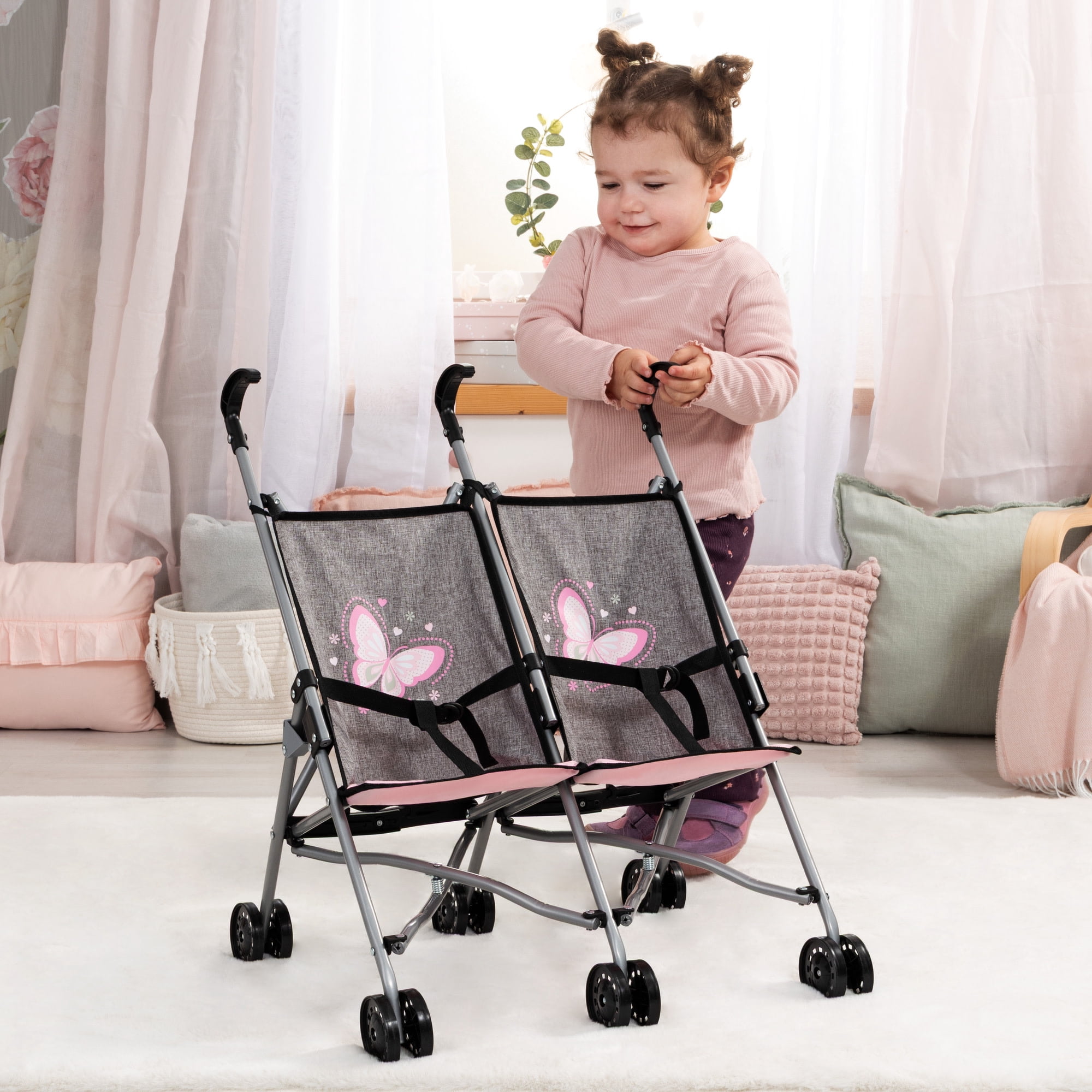 Bayer Design: Doll Twin Buggy - Pink-Grey-Butterfly- Umbrella Push Stroller, Foldable, Side-By-Side Seats, Play Toy Fits 18" Dolls, Kid-Toddler 18mo+