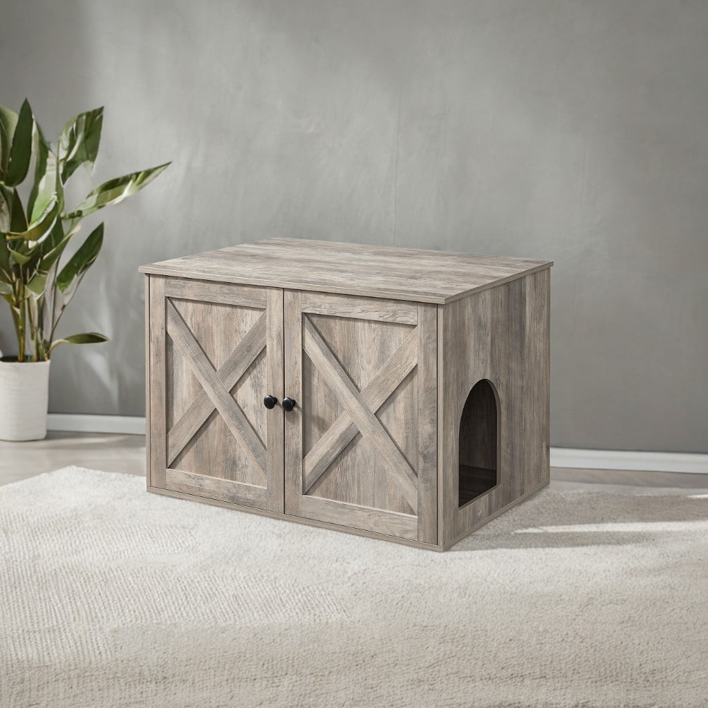 Heather Greige Cat Litter Box Enclosure. Doubles as indoor cat house & end table. Hidden design, sized 27.6 x 19.7 x 19.7 inches.