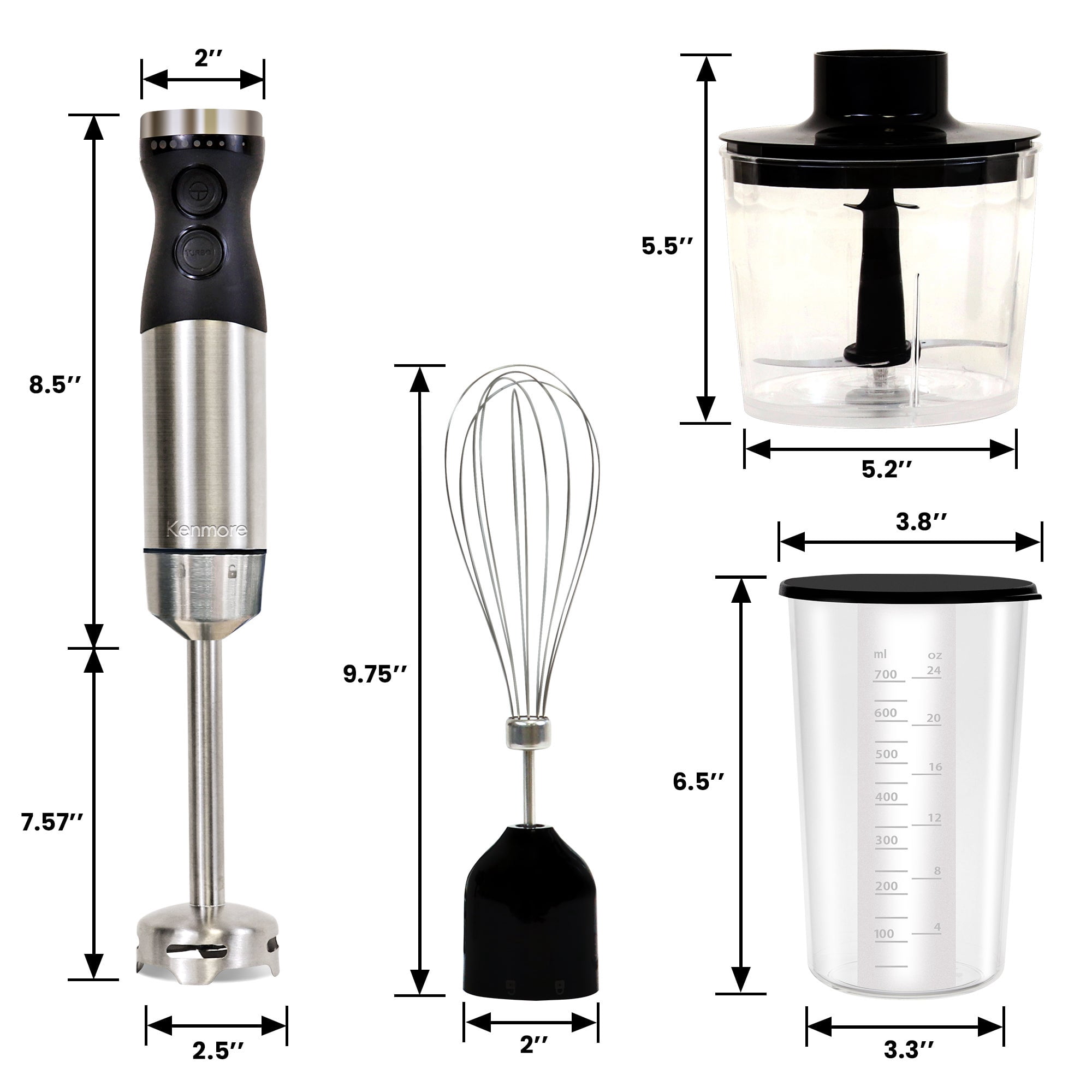 Kenmore Variable Speed Immersion Blender With Food Chopper & Whisk | Hand Blender With Turbo Pulse | Stainless Steel Quad Blades | Handheld Blending Stick | 700mL Beaker & Storage Lid Black & Silver