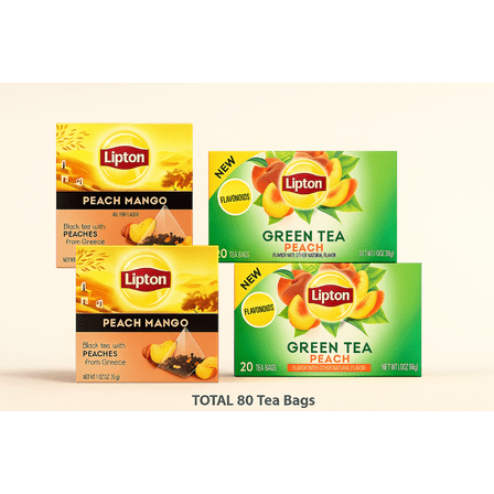 Lipton Peach Green Tea & Peach Mango Black Tea Variety Pack, 80 Tea Bags Total (4 Boxes x 20 Count), Flavored Hot or Iced Tea Bags, With Caffeine