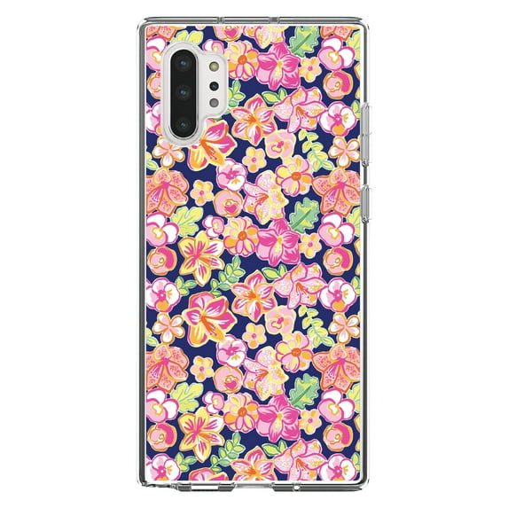 DistinctInk Clear Shockproof Hybrid Case for Galaxy Note 10 PLUS (6.8" Screen) - TPU Bumper, Acrylic Back, Tempered Glass Screen Protector - Preppy Pattern - Pink Green Navy Flowers Floral