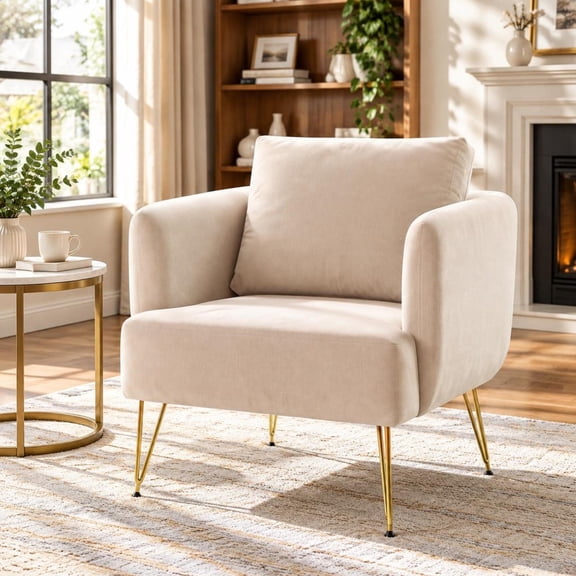 Accent Chair, velvet fabric, padded armrests, golden metal legs, with back cushion, for living room or bedroom