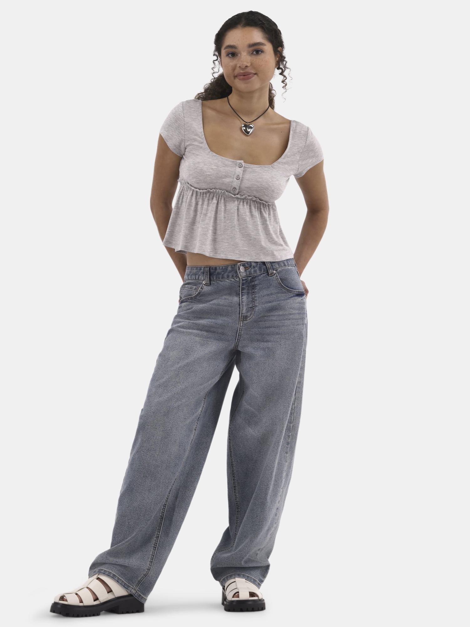 No Boundaries Babydoll Top with Short Sleeves, Women's
