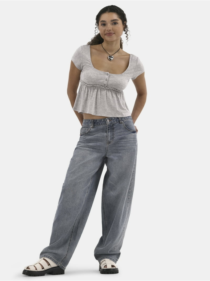 No Boundaries Women's Babydoll Top with Short Sleeves Square Neck