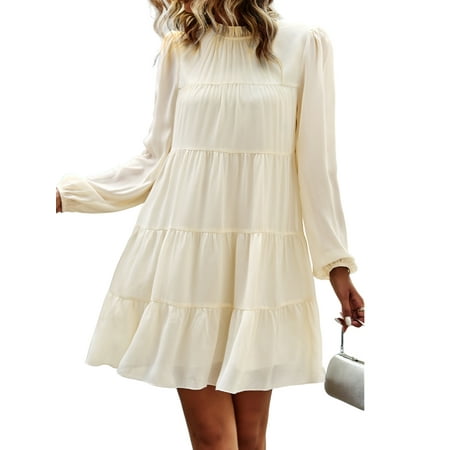 Sociala Lady s Mock Neck Long Sleeve Tiered Ruffle Smocked Flowy A Line Babydoll Mini Dress