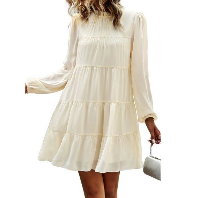 BeautyIn Robe Mini Poupée à Manches Longues Bordure à Volants Col Haut Superposé Décontractée Ample Robe Ligne A Tempérament