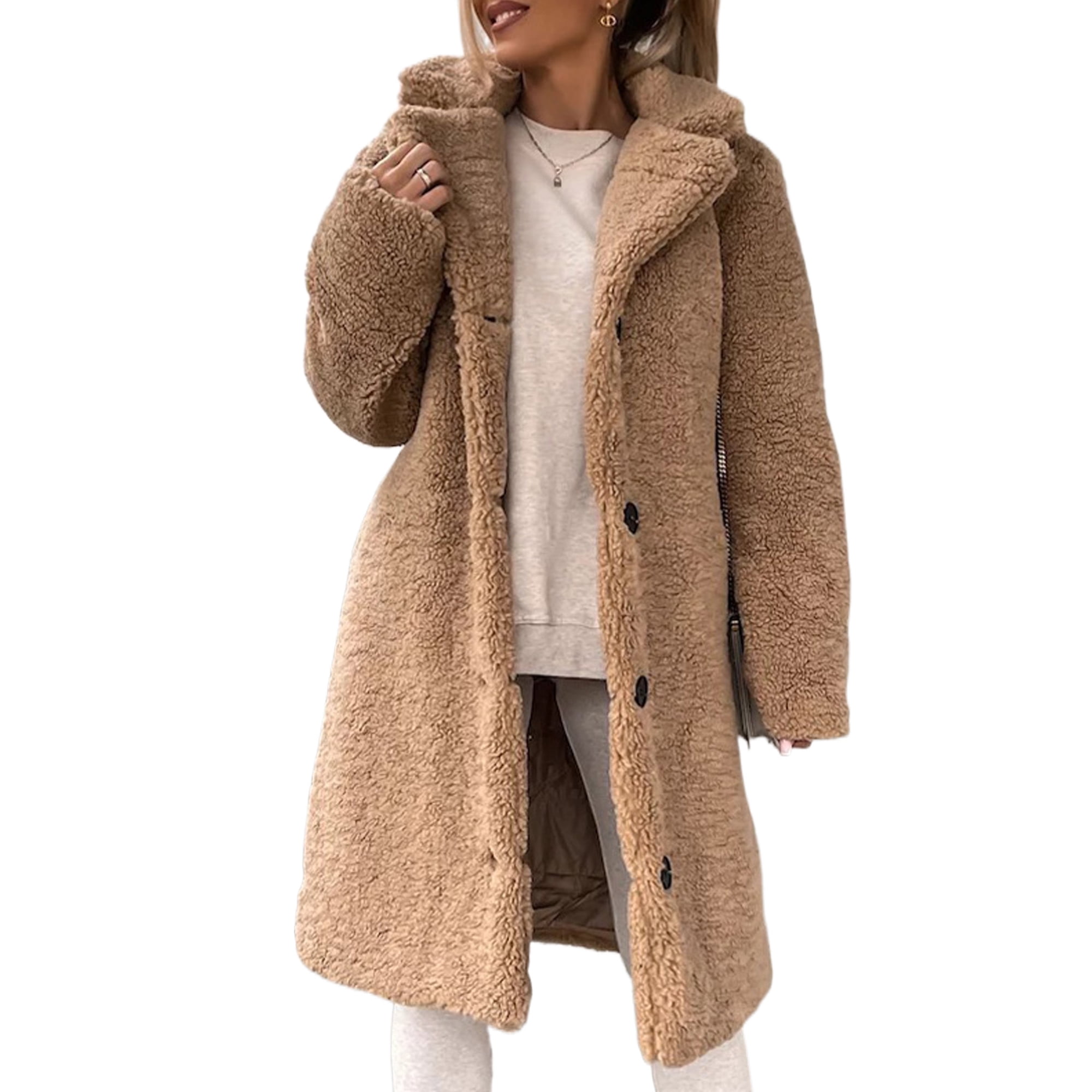 Bellella Ladies Warm Sherpa Jacket Solid Color Long Sleeve Fleece Fuzzy Coat Winter Outwear Khaki L