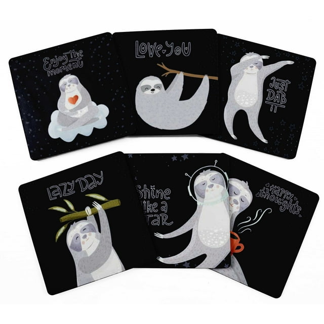 Inkdotpot Set of 6 Drink Coasters DecorativeNon,SlipCork Base4-inch Square PrintedCoastersEasy Clean- Sloth