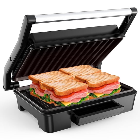 GPED Panini Press Sandwich Maker, 2 Slice Stainless Steel Panini Press Grill, Non-Stick Sandwich Press Maker with Removable Drip Tray for Any Thickness Sandwich, Burgers, Steak