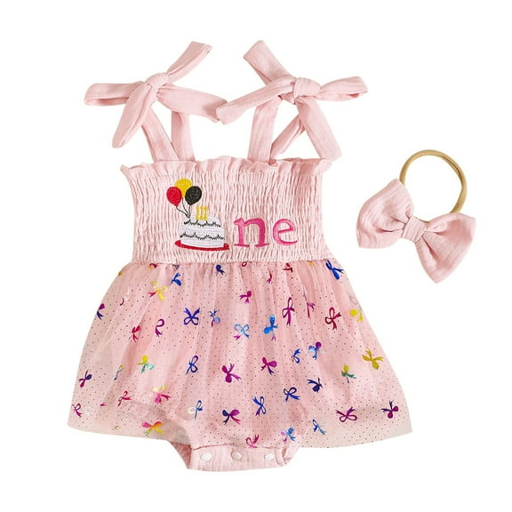 Hienoo Newborn Girls Summer Smocked Mesh Romper Dress with Headband Set Casual Outfits
