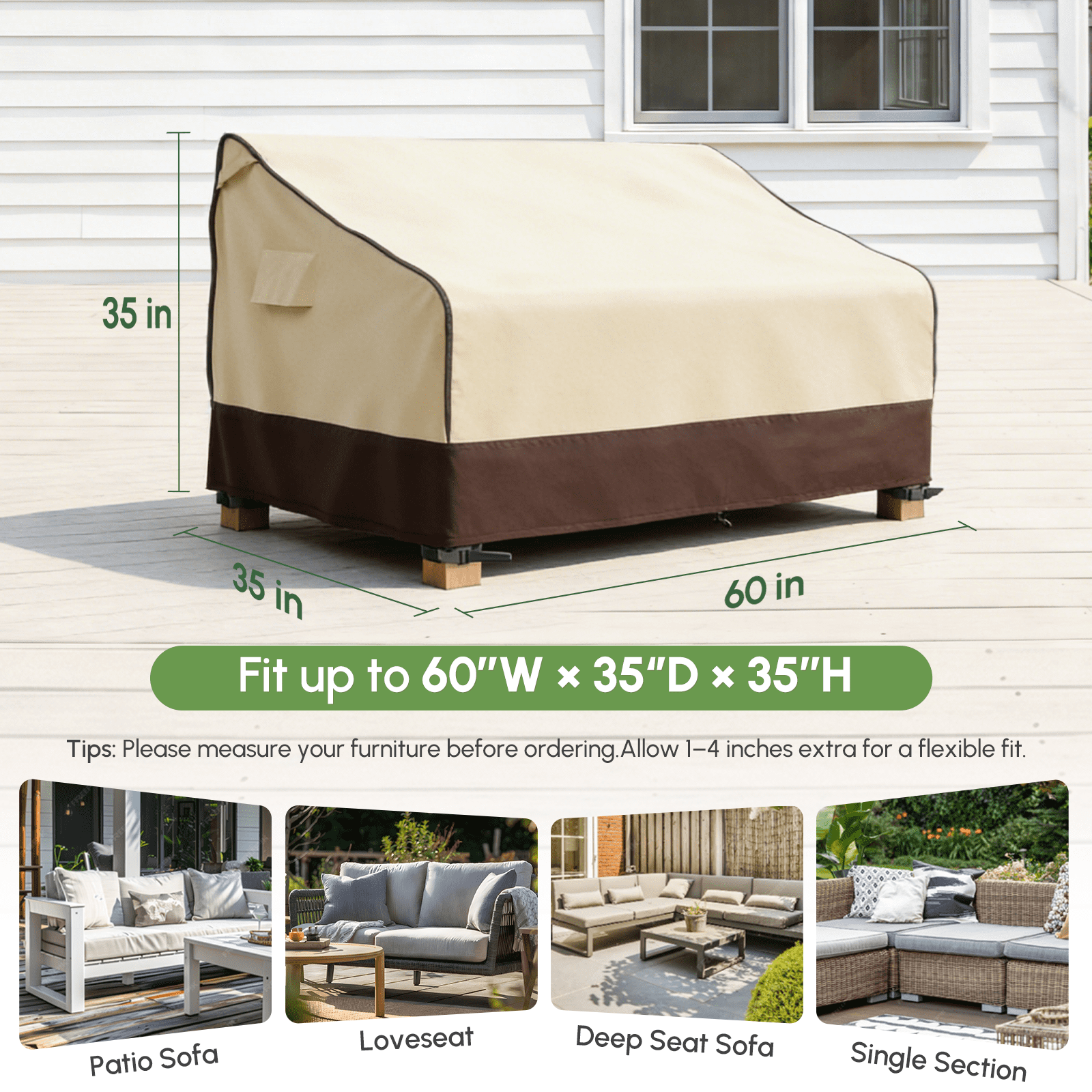 MR. COVER Outdoor Couch Cover Waterproof, Patio Furniture Covers for 2-Seater Couch, Heavy Duty Patio Sofa Cover Fits up to 60"W x 35"D x 35"H, Moisture-proof & UV-protection, Brown & Khaki