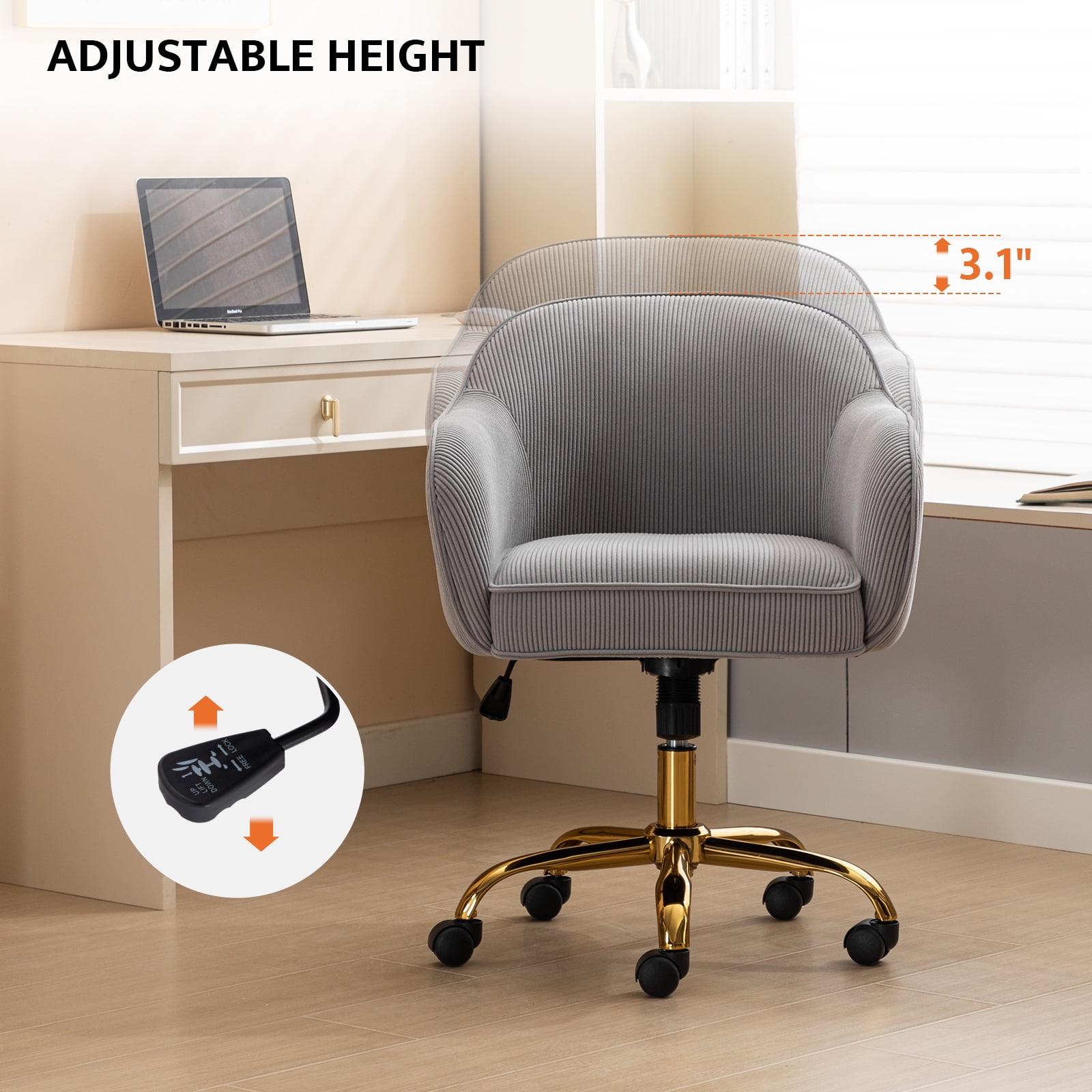 BRILHAMEZ Velvet Office Chair, Ergonomic Desk Chair with Adjustable Height, 360° Swivel, Padded Armrests for Home Office, Gray