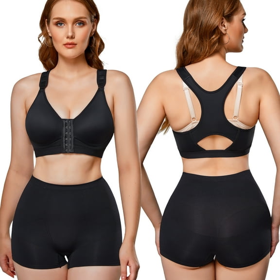 Junlan Women Post Surgery Bra Front Closure Sport Bra Removable Pads Wirefree(Black Small)