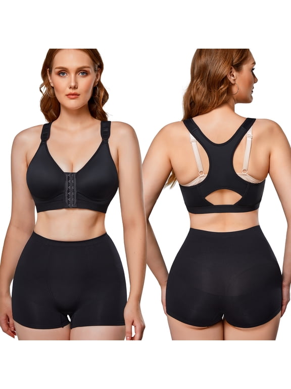 Women Post Surgery Bra Front Closure Sport Bra Removable Pads Wirefree(Black Small)