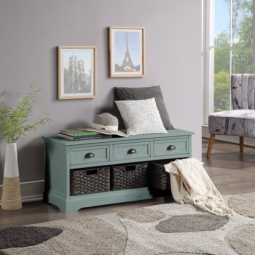 Lowestbest Home Collection Storage Cabinet, Solid Wood Storage Bench with 3 Drawers and 3 Woven Baskets Lowestbest Home Collection Storage Cabinet, Solid Wood Storage Bench with 3 Drawers and 3 Woven Baskets