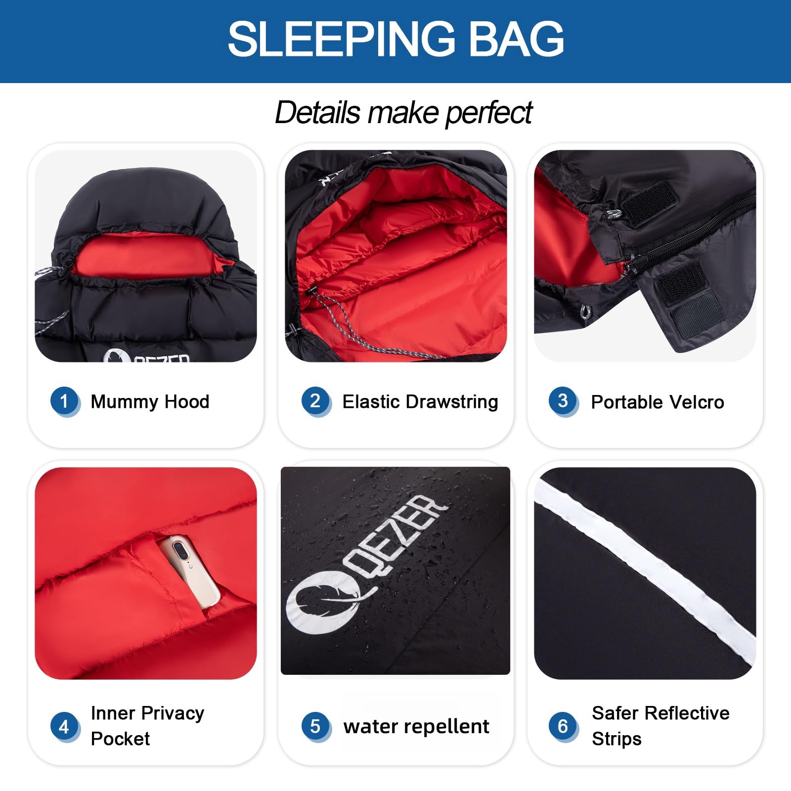 QEZER 10°F Ultra-Warm Lightweight Adult Sleeping Bag Compression Sack - for Winter Backpacking, Camping & Hiking