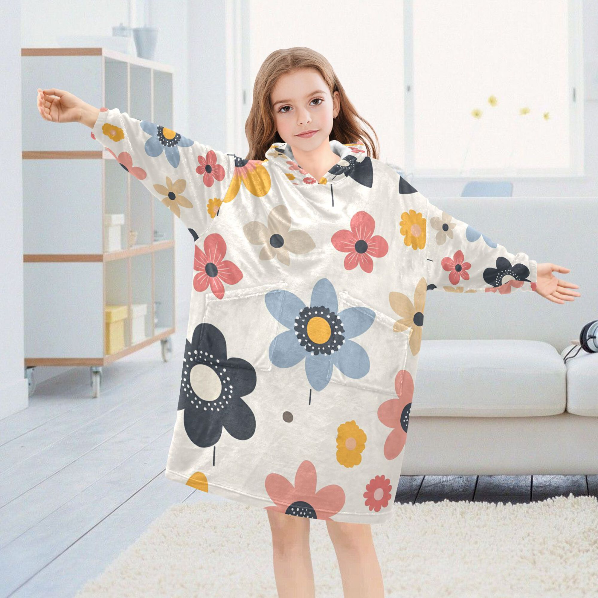 FORMRS Wearable Blanket Hoodie with Sleeves for Kids Cozy Flannel Sweatshirt, Beige Retro Flower