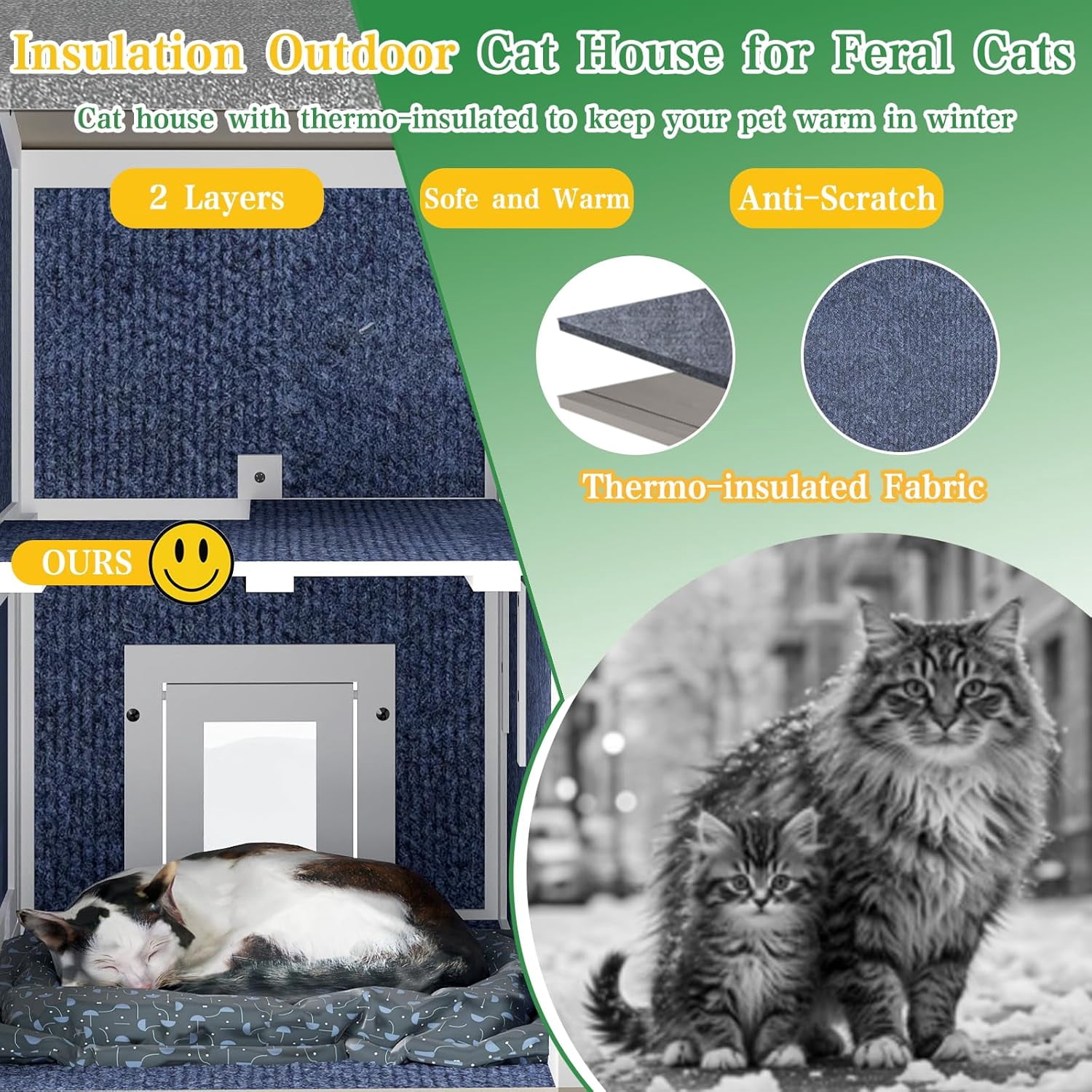 Petsblublu Insulated Outdoor Weatherproof Cat House Two Story Cats Shelter for Winter, with Jumping Platforms