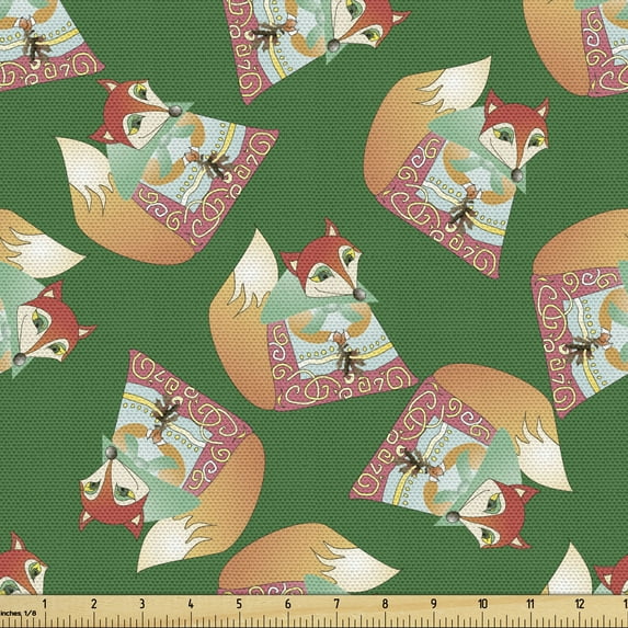 Animal Fabric by the Yard, Ethnic Dressed Fox in the Forest Picking Flowers Cartoon Wild Wintery Motifs, Decorative Upholstery Fabric for Chairs & Home Accents, Green Peach Coral by Ambesonne
