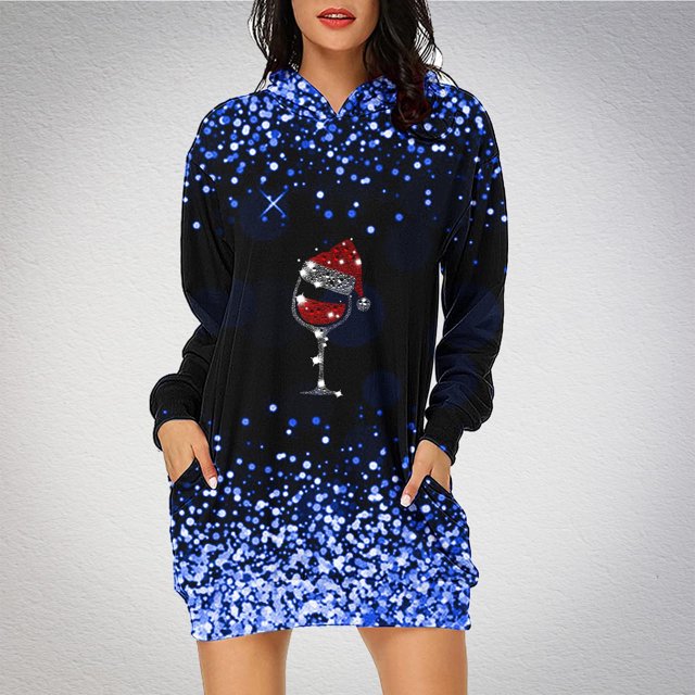 Jsaierl Robe à Capuche de Noël pour Femmes Manches Longues Imprimé Verre Tunique à Capuche Chandail en Molleton de Noël Robe de Fête avec Poches
