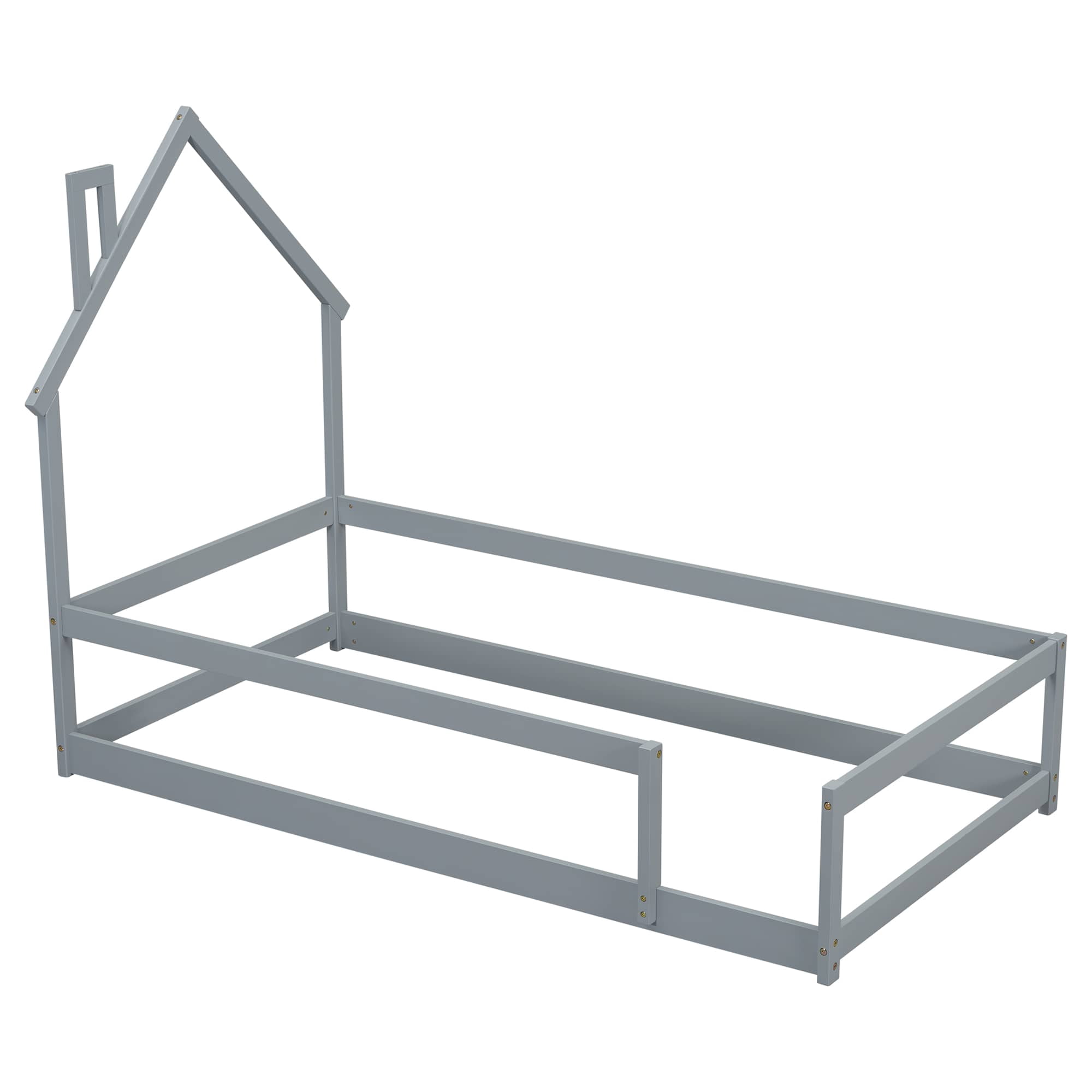 MAYEERTY Twin Size Wood Bed Frame with House-Shaped Headboard with Fences for Adult, Grey