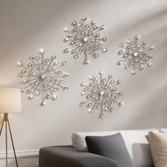 4 Pcs Wall Decor Hanging 3d Wall Art, Bling Crystal Cast Star Sun Rhinestone Decor, Silver Stainless Steel Wall Decor Living Room for Bedroom Office, Kitchen