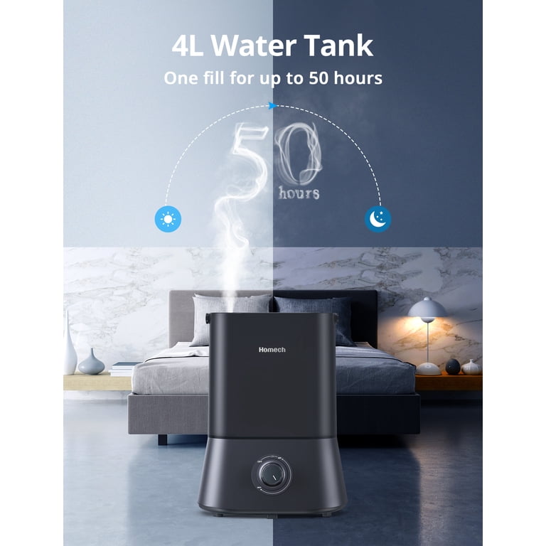 HOMECH Quiet Ultrasonic Cool Mist Humidifier(4L, 1.06 Gallon) 12-60 Hours,  360° Nozzle, Waterless Tank Removal Auto Shut-off (Black) - Walmart.com