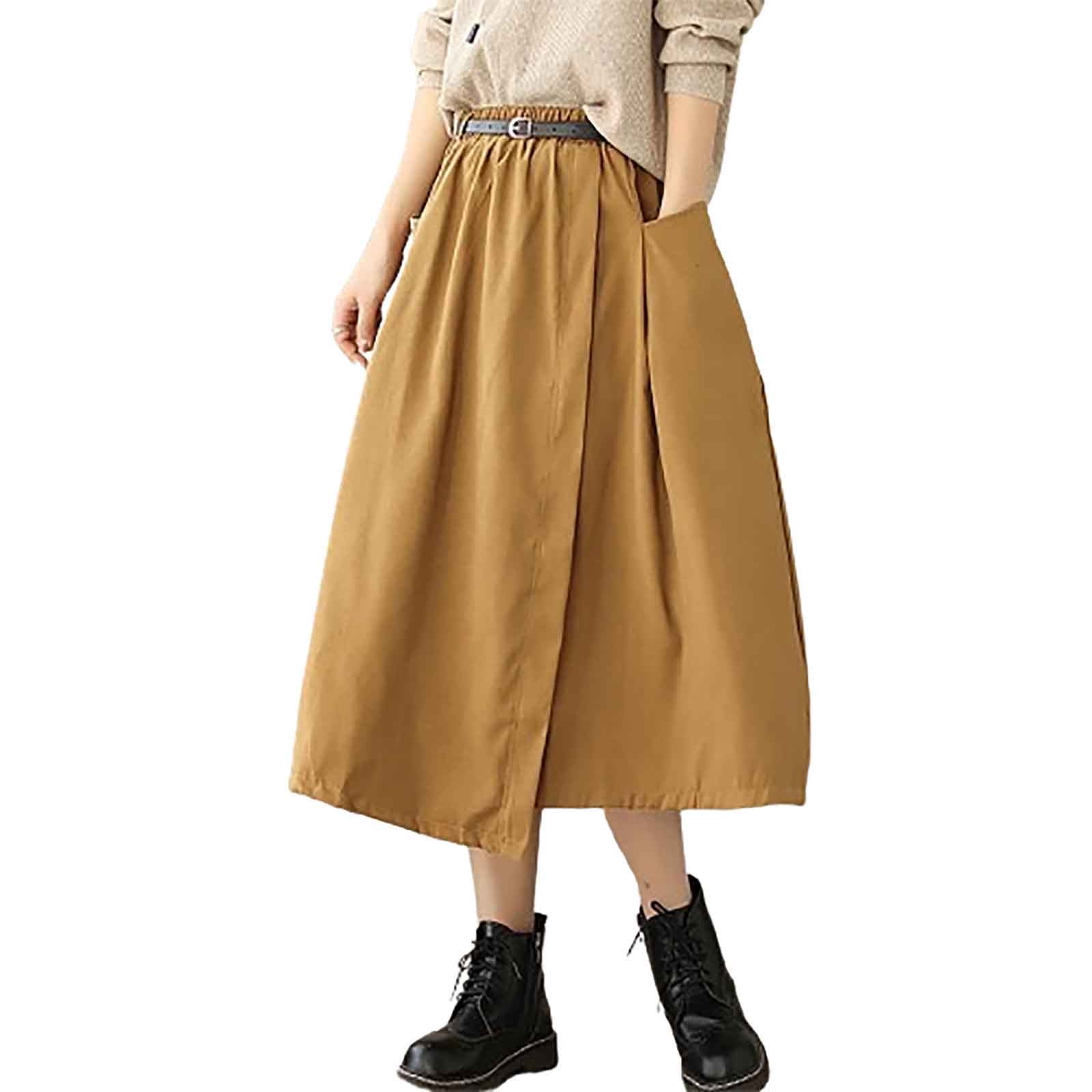 Cavosen A Line Skirts for Women Midi Calf Length Skirts Flowy Buckle Swing Skirts Solid Color Pencil Skirts Waistband Belt Swing Dress Athletic Beachwear Resortwear Yellow