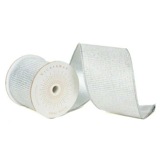 Vickerman QK240125 4 in. x 10 Yards Silver Metallic Pleated Strip Wired Ribbon
