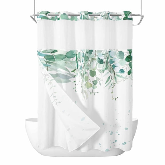 No Hook Shower Curtain, Teal Botanical Stall Bathroom Curtains with Snap in Liner, Spring Weeping Eucalyptus Leaves Waterproof Washable Fabric Shower Curtain Set, 48"W x 72"L