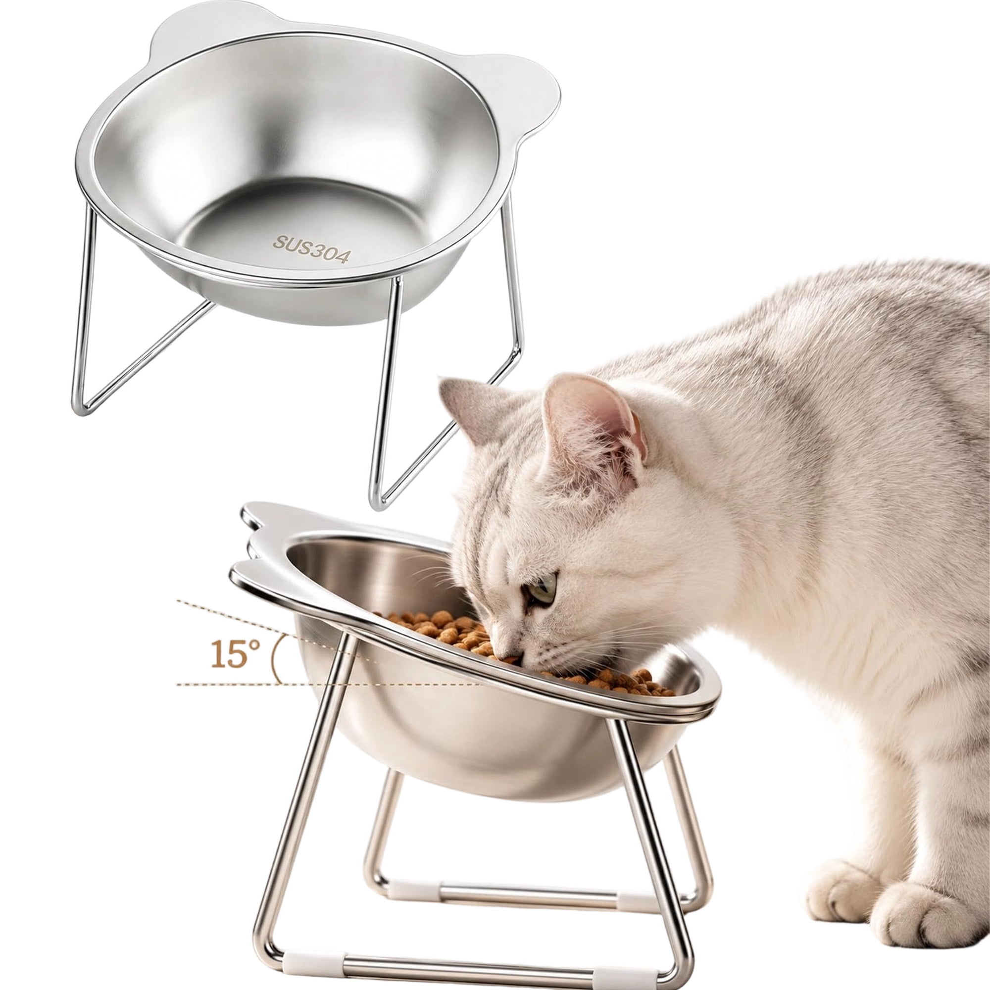 15° Tilted Orthopaedic Feeding Bowl, 304 Stainless Steel Elevated Cat Bowl, Wide Shallow Feeder for Cats, Small Pets