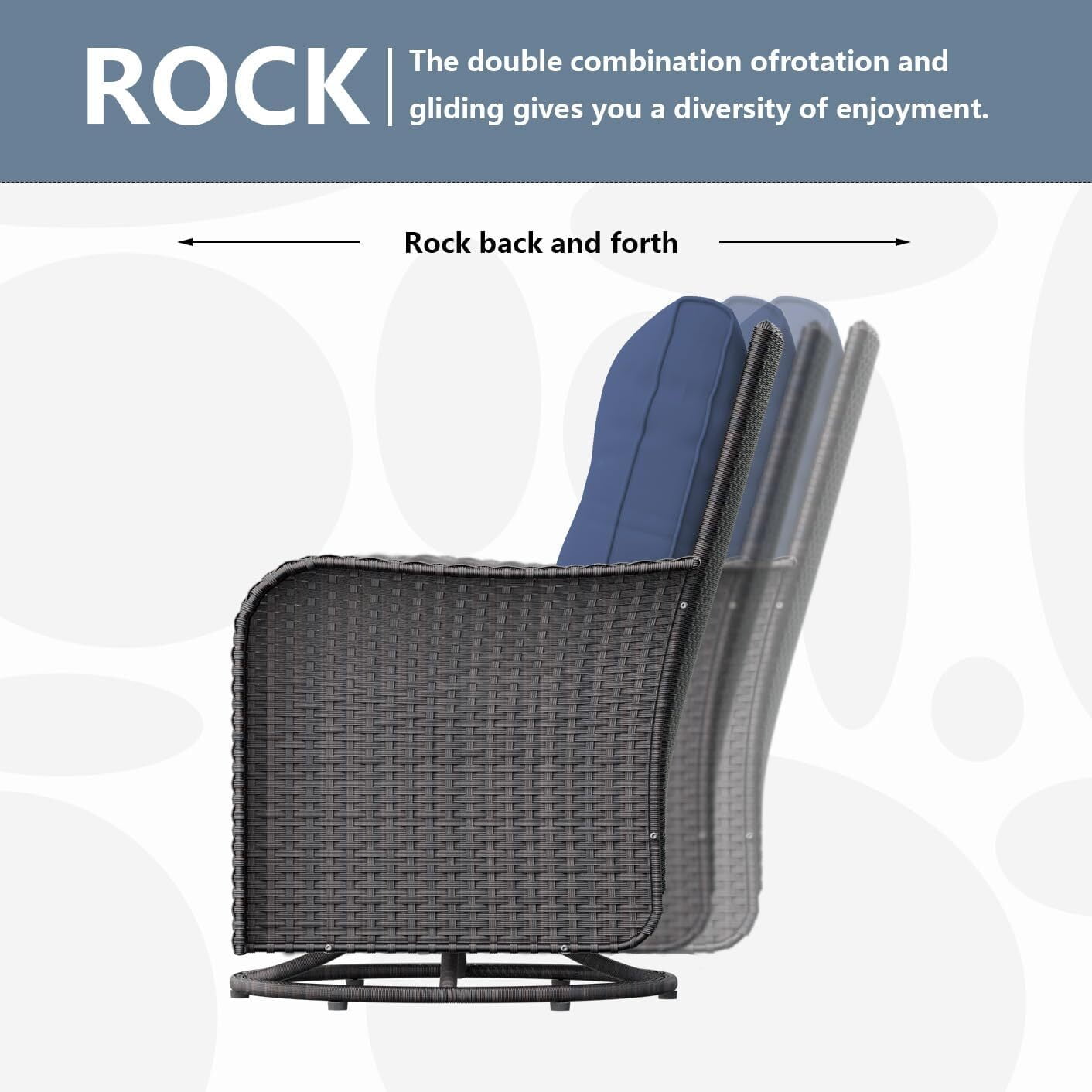 ASJMR 3PCS Patio Wicker Chairs Swivel Rocker with Coffee Table and Cushions, Outdoor Rattan Rocking Chairs for Porch Pool, Navy Blue