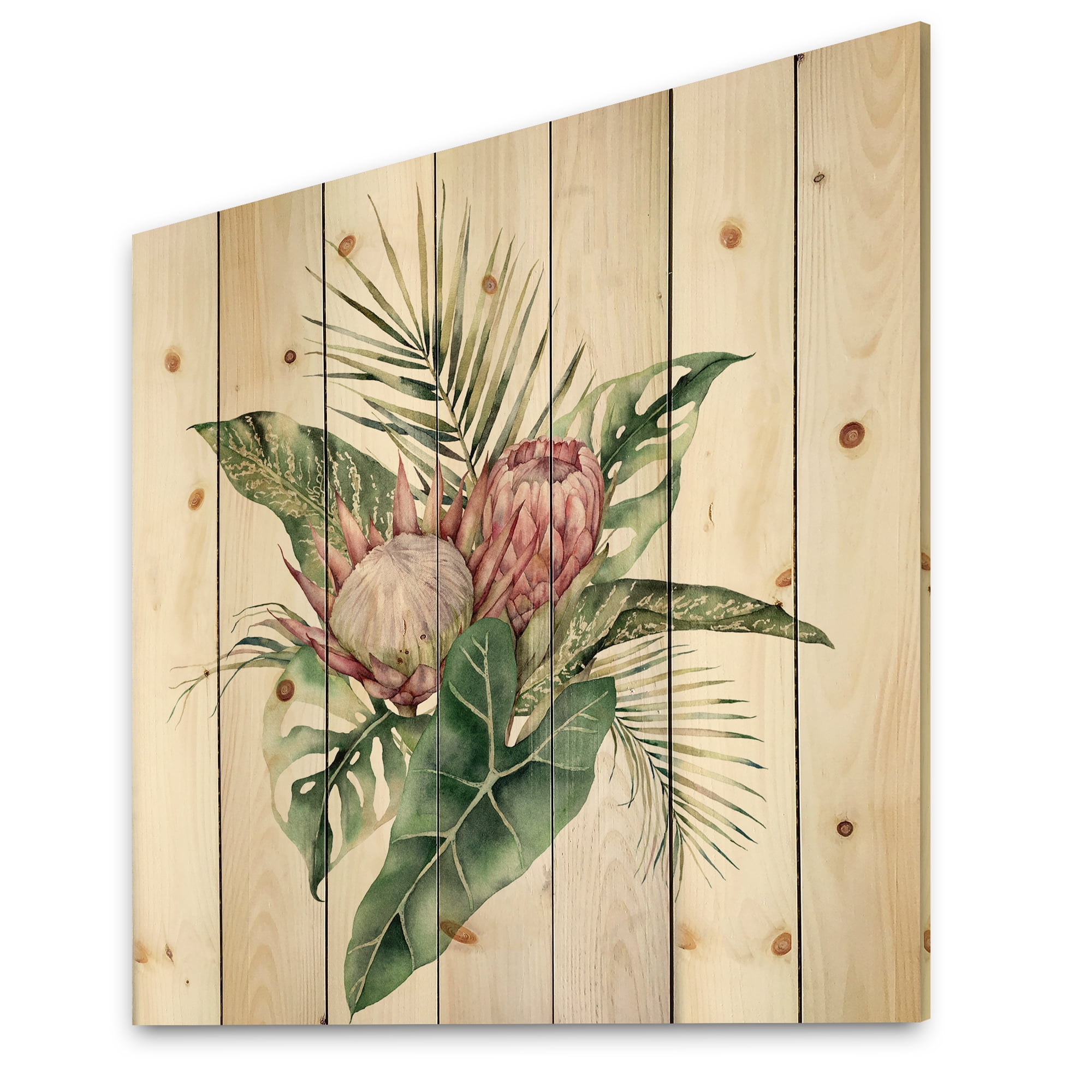 Designart 'Queen Proteas Palm & Monstera Leaves' Traditional Print on Natural Pine Wood