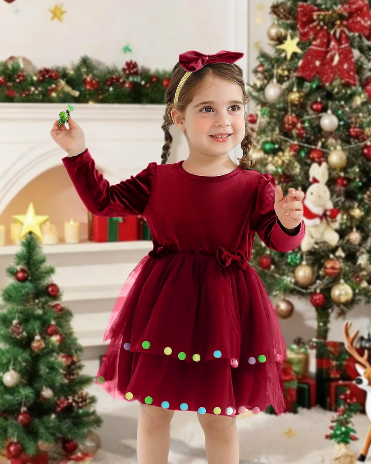 SANMIO Baby Girl Christmas Dress Infant Long Sleeve Holiday Outfit Fall Winter Tulle Velvet Dresses with Headband 3M-3T