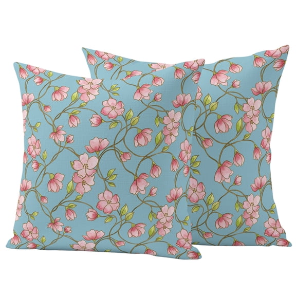 Floral Vines Outdoor Waterproof Pillow Covers, Rustic Pink Flowers Leaves Botanical Blue Decorative Square Throw Pillowcase Sofa Cushion Sham for Patio/Couch/Chair, 16"x16" 2 Pack